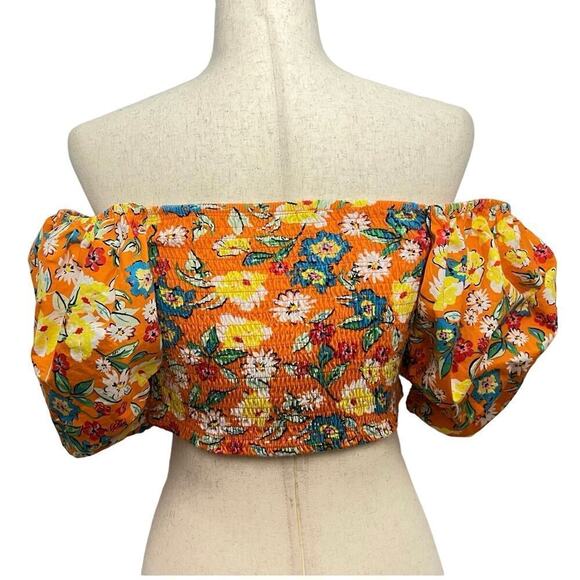 Zara Womens Balloon Sleeve Crop Top Flounce shirt Sz L Orange Floral Boho Fun - Picture 2 of 12